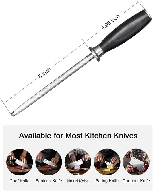 TUO Honing Rod, Knife Sharpening Rod 8 Inch, High Carbon German Steel Knife Sharpener with Ergonomic Pakkawood Handle, Premium Honing Steel for Kitchen Knives Blade Maintenance, Black Hawk Series