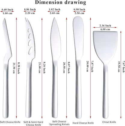 Berglander Cheese Knife Set of 5 for All Types of Cheese, Stainless Steel Cheese Cutter Slicer Ergonomic Design for Confortable Grip and Cut, Butter Spreader Knife