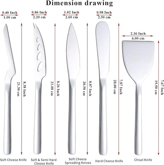 Berglander Cheese Knife Set of 5 for All Types of Cheese, Stainless Steel Cheese Cutter Slicer Ergonomic Design for Confortable Grip and Cut, Butter Spreader Knife