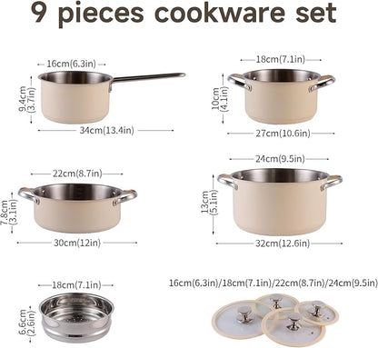 304 9pcs Stainless Steel Cookware Set, Kitchen Cookware Set,Beige High Temperature Ceramic Paint, Including 1 Milk Pot, 3 Different Sizes Of Stockpot, 1 Steam Tray, For All Stoves