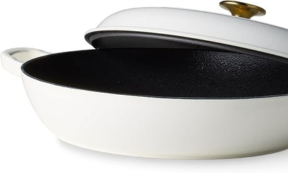 CAROTE 3.4QT Enameled Cast Iron Braiser Pan, Shallow Dutch Oven Casserole Skillets, Non-Toxic Cast Iron Pot with Lid for Grilling, Searing, Baking, Dual Handles, All Stovetop Compatible, White