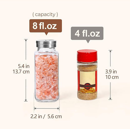 ComSaf Spice Jars with Shaker lids Adjustable, 8oz 6PCS，9 DIY Labels, Spice Jars Trial Set & Supplement Set, Empty Ingredient Containers and Square Ingredient Bottles for Kitchen and Seasoning
