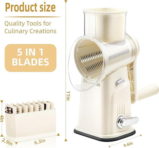 Rotary Cheese Grater with Handle, Vegetable Shredder with 5 Replaceable Blades & Strong Suction Base, Round Food Slicer & Chopper for Kitchen Fruit Vegetables Nuts with Blade Storage Box (Beige)