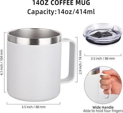Volhoply 14oz Insulated Stainless Steel Coffee Mug with Lid Bulk 8 Pack,Not Suitable for Sublimation,Double Wall Vacuum Travel Coffee Cup with Handle, Reusable Metal Camping Mugs Keep Cold(White,8)