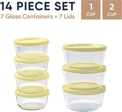 14-Piece Glass Food Storage Containers Set (7 Containers + 7 BPA-Free Lids) | 1-Cup & 2-Cup, Leakproof | Microwave, Freezer, Oven & Dishwasher Safe | Ideal for Meal Prep & Pantry Organization, Yellow