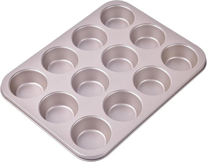 Muffin Cake Pan 12-Cavity, Heavy Duty Carbon Steel, Non-Stick Cupcake Pan, Bakeware for Oven Baking Brownies, Cheesecakes (Champagne Gold)