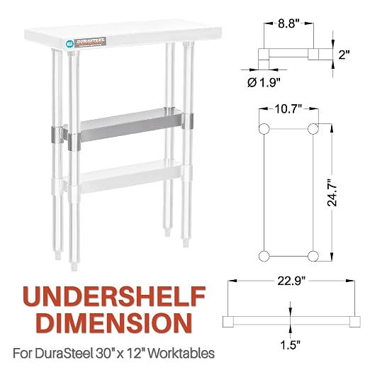 DuraSteel Galvanized Under Shelf for Work Tables - Extra Adjustable Lower Shelf for 30" x 12" Stainless Steel and Wooden Worktables - Fits for use in Restaurant, Warehouse, Home, Kitchen, Garage