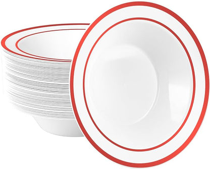 Goodluck 50 Pack Plastic Bowls with Red Rim, 12oz Disposable Soup Bowls, Heavy Duty Dessert Bowls for Weddings, Parties, Valentine's Day Dinners, Catering, Thanksgiving and Everyday Use