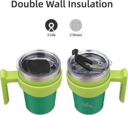 Konokyo 10 oz Tumbler with Handle and 2 Straw 2 Lid, Insulated Water Bottle Stainless Steel Vacuum Cup Reusable Travel Mug,Matcha Green