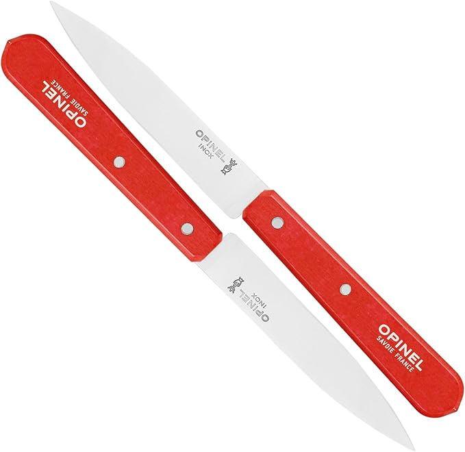 OPINEL No. 112 Paring Knives 2 Piece Set, Sandvik Steel Everyday Paring Knife, Wood Handles, Made in France (Red)