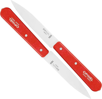 OPINEL No. 112 Paring Knives 2 Piece Set, Sandvik Steel Everyday Paring Knife, Wood Handles, Made in France (Red)