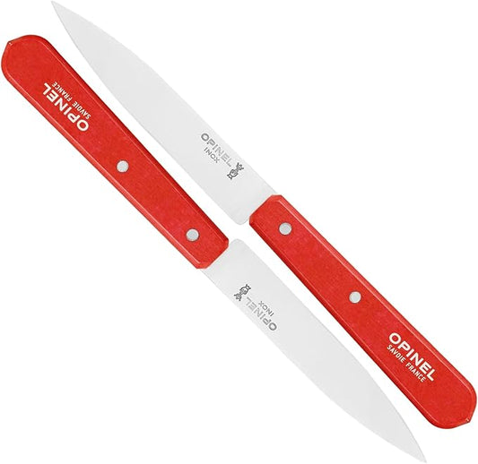 OPINEL No. 112 Paring Knives 2 Piece Set, Sandvik Steel Everyday Paring Knife, Wood Handles, Made in France (Red)