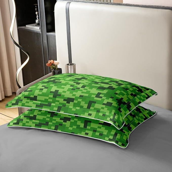 Castle Fairy Twin Size Duvet Cover Green Pixelated Theme Gamer 100% Pure Cotton Bedding Set Video Games Bedding Set (No Filler) Cartoon Gamepad Comforter Cover for Room Decor 2 PCS