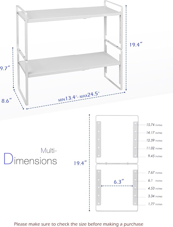 Nxconsu Expandable Cabinet Shelf Organizer Riser, 8.6" 2 Pack White | Heavy-Duty Steel Expandable Shelf Holds 50 lb, 5-Level Stackable Riser for Kitchen Cabinet Cupboard Pantry Counter Under Sink