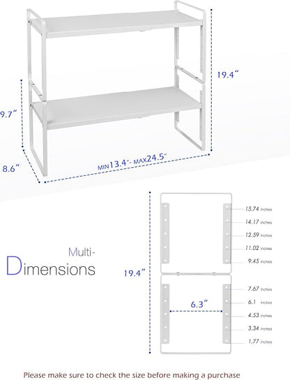 Nxconsu Expandable Cabinet Shelf Organizer Riser, 8.6" 2 Pack White | Heavy-Duty Steel Expandable Shelf Holds 50 lb, 5-Level Stackable Riser for Kitchen Cabinet Cupboard Pantry Counter Under Sink