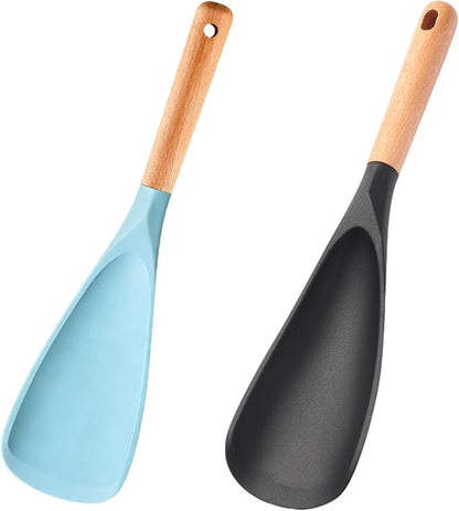 2 Pcs Wooden Handle Silicone Cooking Spoon Set for Nonstick Cookware Cooking, Baking, Stirring ，BPA-Free Heat-Resistant Spatula for Mixing, Flipping, Scraping (Black+Blue)