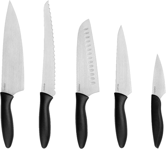 Kershaw 6-Piece Kitchen Block Set, with 5 Knives and Wooden Block, Stainless Steel, Satin Finish, Black Polypropylene Handle, Includes Chef’s, Bread, Santoku, Utility and Paring Knife
