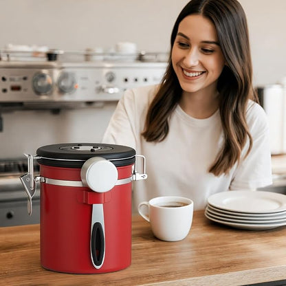 ShanSon Coffee Canister Airtight, Stainless Steel Bean Storage Container with Date Tracker & Scoop, Grounds Sugar Flour Tea Cereal Fits Kitchen Pantry, Ideal Gift for Coffee Lovers,22oz,Red