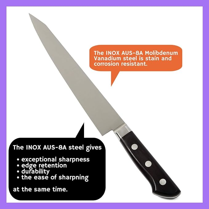 Japanese Sujihiki Knife INOX AUS-8A Stainless Steel Black Pakkawood Handle, Slicer 9.5-inch (240mm)