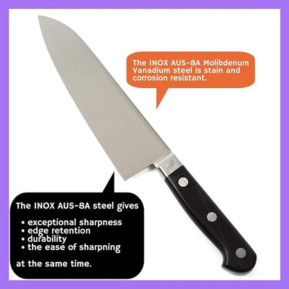 Japanese Multi Purpose Chef Knife INOX AUS-8A Stainless Steel Black Pakkawood Handle, Santoku 7-inch (180mm)