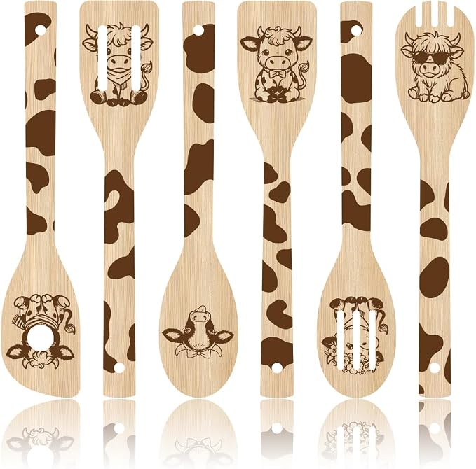 6Pcs 6 Styles Cow Cooking Utensils Set for Kitchen 2.4 x 11.8 Inch Bamboo Durable Utensils, Cute Kitchen Wooden Spoons for Housewarming Wedding Anniversary Thanksgiving Birthday Gift Use