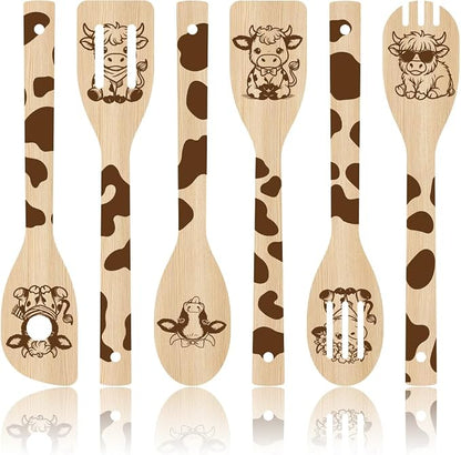 6Pcs 6 Styles Cow Cooking Utensils Set for Kitchen 2.4 x 11.8 Inch Bamboo Durable Utensils, Cute Kitchen Wooden Spoons for Housewarming Wedding Anniversary Thanksgiving Birthday Gift Use