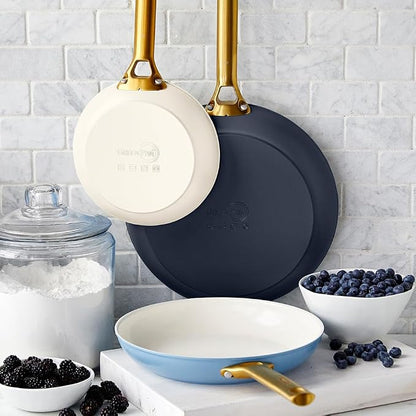 GreenPan 8" 10" and 12" 3 Piece Frying Pan Skillet Set, Hard Anodized Ceramic Nonstick, PFAS-Free, Gold Handle, Dishwasher Safe, Oven Safe, Blue and Cream Mix