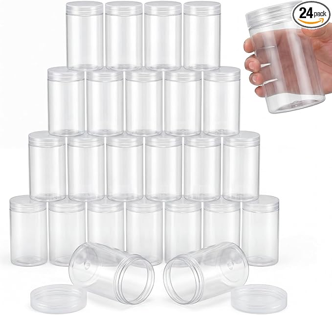 SATINIOR 24 Pieces Empty Clear Plastic Jars with Lids Round Storage Containers Wide Mouth for Beauty Product Cosmetic Cream Lotion Liquid Butter Craft and Food(Clear Lid,10 oz)