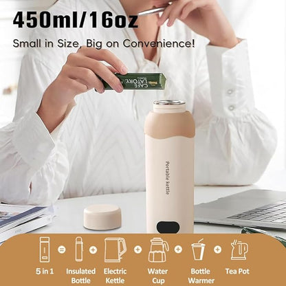 Travel Electric Tea Kettle 316 Stainless Steel, Small Portable Hot Water Kettle with 6 Temperature Control & Automatic Shut Off, 450mL Cute Tea Pot