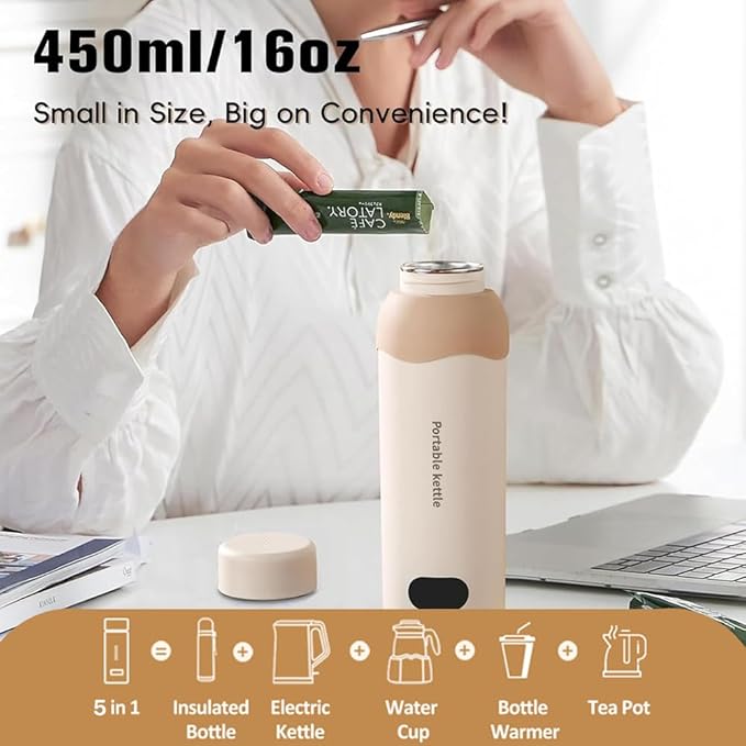 Travel Electric Kettle Small 304 Stainless Steel Portable Kettle with Automatic Shut Off & 6 Temperature Control for Coffee/Tea/Milk, 450mL Mini Hot Water Boiler