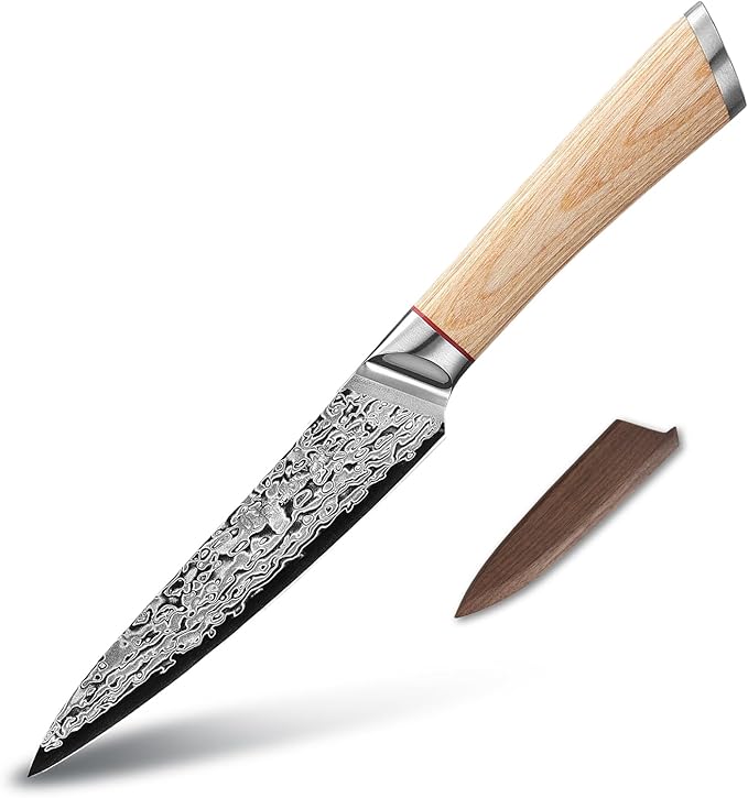 DONGSUN 5 Inch Damascus Utility & Steak Knife with North American Black Walnut Sheath, 67-Layer VG10 Forged Steel Japanese Kitchen Knife, Professional Durable Sharpness