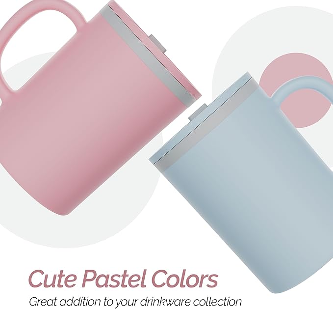 Copco Iconic 16oz Double Wall Insulated Desk Mug with Lid and Handle, Set of 2, BPA-Free Reusable Plastic, Spill-Resistant, Microwave & Dishwasher Safe, Wide Mouth (Light Blue/Pink)