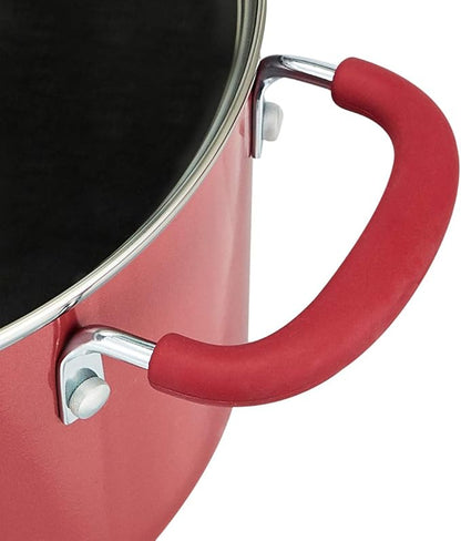 Amazon Basics Non-Stick Cookware Set, Pots and Pans with Lids, Aluminum, Dishwasher Safe, Oven Safe, Red, 12-Piece