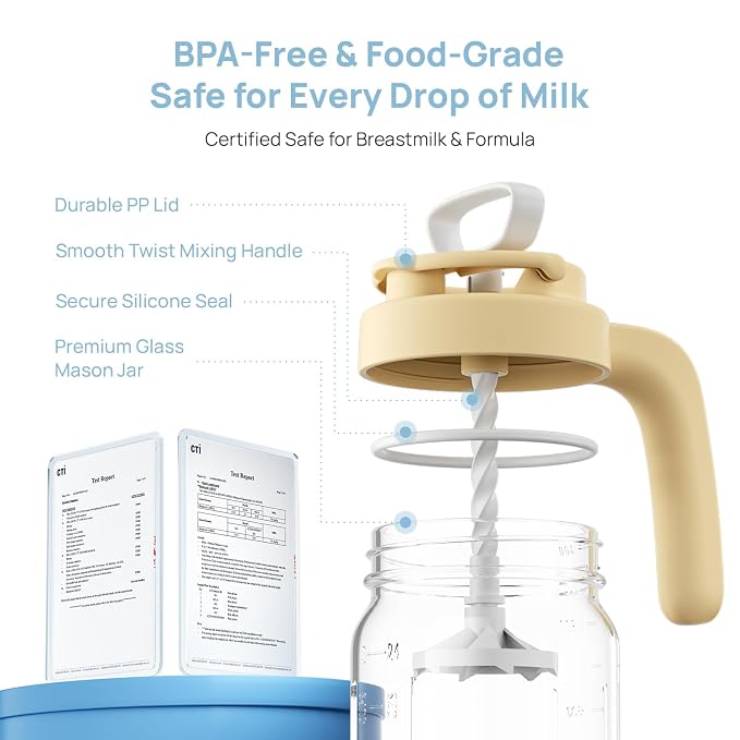 Papablic Glass Breastmilk Pitcher, Formula Mixing Pitcher with Mixing Handle Lid, Wide Mouth Mason Jar Mixer with Flip Locking Spout, Easy to Clean, BPA Free, Yellow