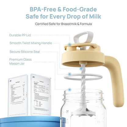 Papablic Glass Breastmilk Pitcher, Formula Mixing Pitcher with Mixing Handle Lid, Wide Mouth Mason Jar Mixer with Flip Locking Spout, Easy to Clean, BPA Free, Yellow
