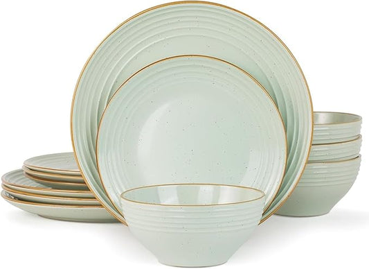 Famiware Jupiter 12-Piece Stoneware Dinnerware Set, Handcrafted Plates and Bowls with Speckles & Embossed Swirls, Chip/Scratch Resistant, Microwave/Dishwasher Safe, Modern Dishes, Service for 4, Green