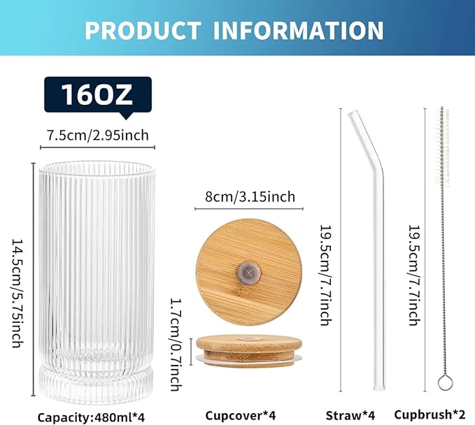 Ribbed Glass Cups With Lids And Straws, 16oz Drinking Glasses, Vintage Glassware Set of 4 Large, Origami Style Cocktail Glasses, Tumbler for Bar Beverages, Whiskey (4PCS-16 Oz With Lid And Straw)
