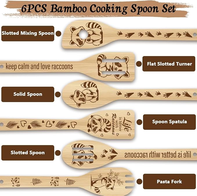 6Pcs 6 Styles Animal Cooking Spoon for Kitchen 11.8 x 2.4 Inch Bamboo Cooking Utensils Durable Wood Raccoon Kitchen Spoon Set for Housewarming Wedding Birthday Gift Farmhouse Home Decor
