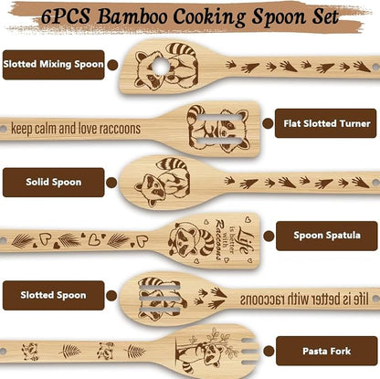 6Pcs 6 Styles Animal Cooking Spoon for Kitchen 11.8 x 2.4 Inch Bamboo Cooking Utensils Durable Wood Raccoon Kitchen Spoon Set for Housewarming Wedding Birthday Gift Farmhouse Home Decor