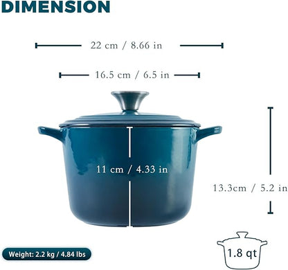 Flavehc Dutch Oven Pot with Lid 1.8 Qt Cast Iron Dutch Oven for Bread Baking, DarkCyan Enameled Cast Iron Rice Pot, Small Deep Dutch Oven for Rice, Beans & Side Dishes