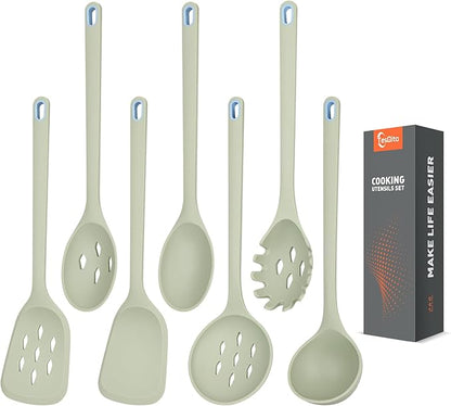 Large Silicone Utensils Set of 7 for Cooking,No Scratch for Nonstick Cookware,Pasta Server,Spaghetti Spoon,Slotted Spoon&Spatula,Solid Spoon&Spatula,Skimmer,Soup Ladle BPA Free Heat Resistant (Green)