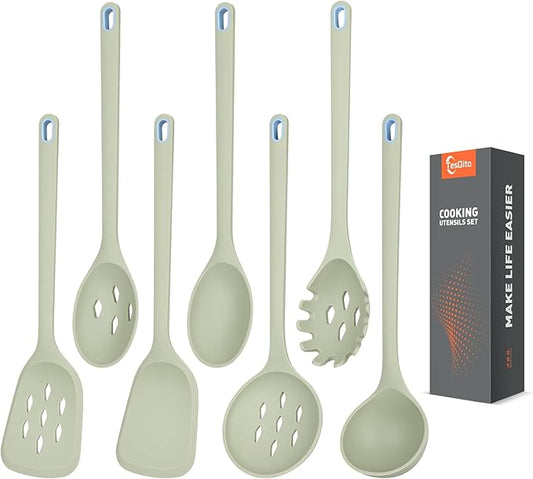 Large Silicone Utensils Set of 7 for Cooking,No Scratch for Nonstick Cookware,Pasta Server,Spaghetti Spoon,Slotted Spoon&Spatula,Solid Spoon&Spatula,Skimmer,Soup Ladle BPA Free Heat Resistant (Green)