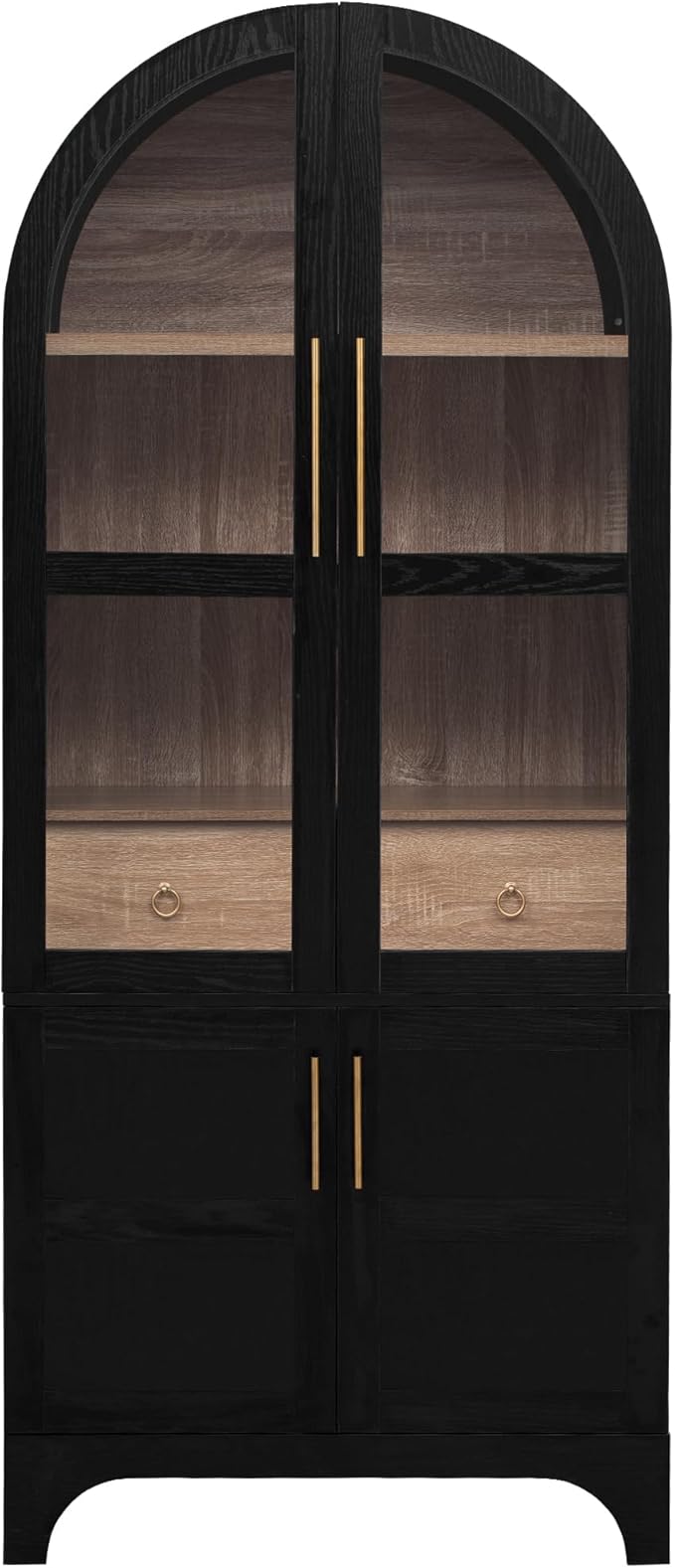 VilroCaz 71" Tall Arched Kitchen Pantry with Glass Doors and a Large Drawer, Farmhouse Kitchen Storage Cabinet with Open & Adjustable Shelves, Cupboard for Dining Room (Black-6.4)