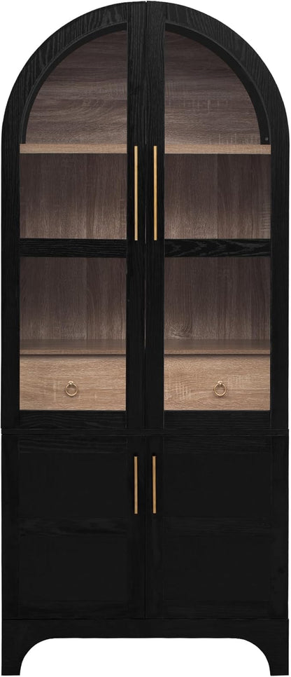 VilroCaz 71" Tall Arched Kitchen Pantry with Glass Doors and a Large Drawer, Farmhouse Kitchen Storage Cabinet with Open & Adjustable Shelves, Cupboard for Dining Room (Black-6.4)
