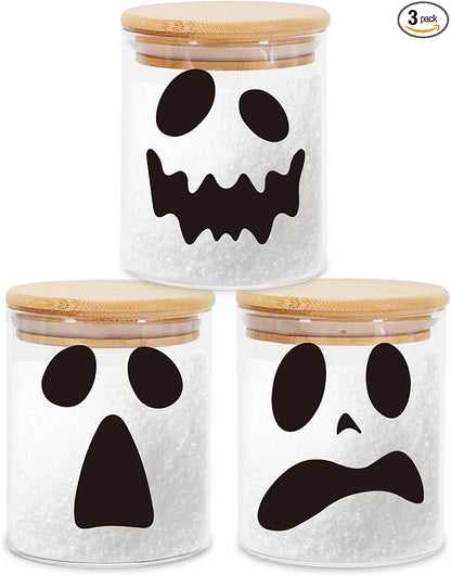 JarThenaAMCS 3Pcs Halloween Glass Storage Jars with Airtight Bamboo Lid Ghost Decorative Clear Food Storage Canisters Sets for Home Kitchen Countertop Decoration