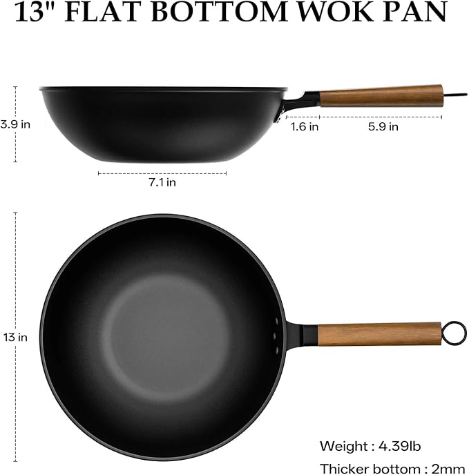 Carbon Steel Wok, New Chinese-Style Pan with lid, 13 Inch carbon steel woks & stir-fry pans nonstick, Suitable for Induction Cooktops, Electric Stoves, and Gas Ranges