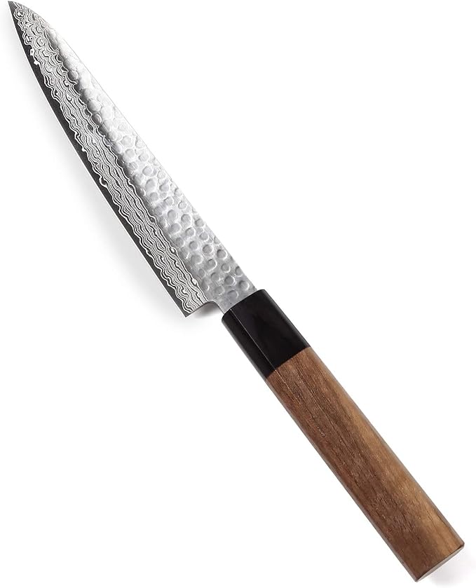 Japanese Petty Knife Hammered Damascus VG-10 46 Layer Octagonal Walnut Handle, 6-inch (150mm)