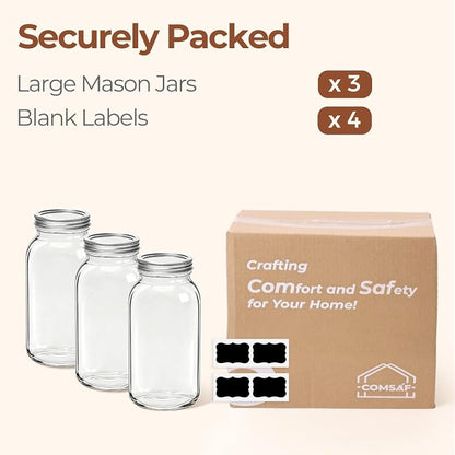 ComSaf Half Gallon Mason Jar 64oz 3Pcs, Wide Mouth Mason Jars with Lids and Seal Bands, Large Glass Canning Jars for Suntea, Pickling, Sourdough, Fermentation, Salad, Meal Prep, Food Pantry Storage