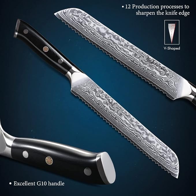 TURWHO Professional serrated Bread Knife 8 Inch - Classic Damascus pattern Japanese VG-10 Steel Kitchen Knives