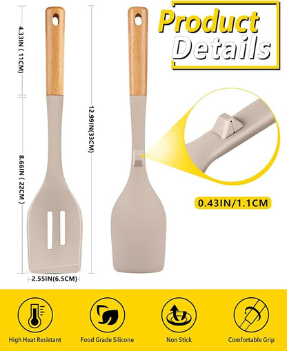 Pack of 2 Large Silicone Cooking Spoons, Heat Resistant Non Stick Kitchen Utensils with Wooden Handle, Ideal for Mixing, Stirring, Serving, Cooking(KHAKI)